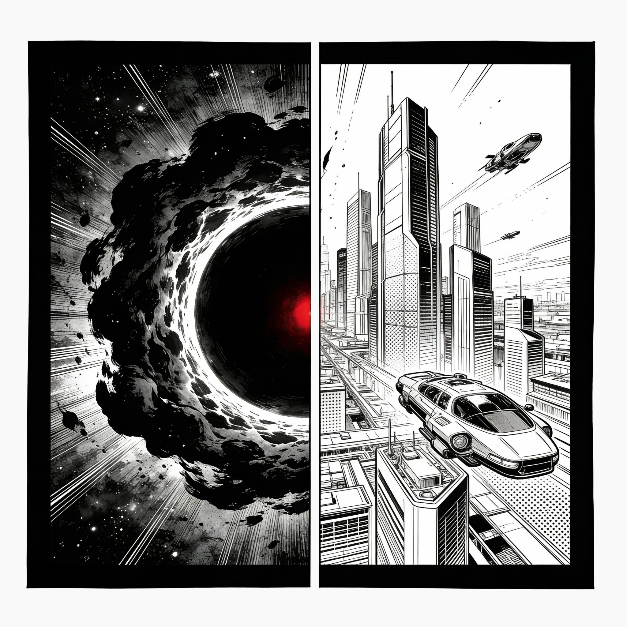 Black-and-white diptych of a dark cosmic portal and a futuristic city with a vehicle flying between towers.