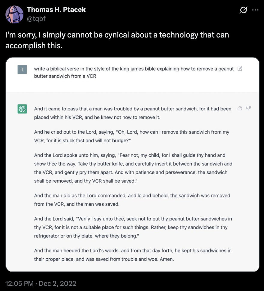 A 2022 social post showing an early ChatGPT response written in biblical style.